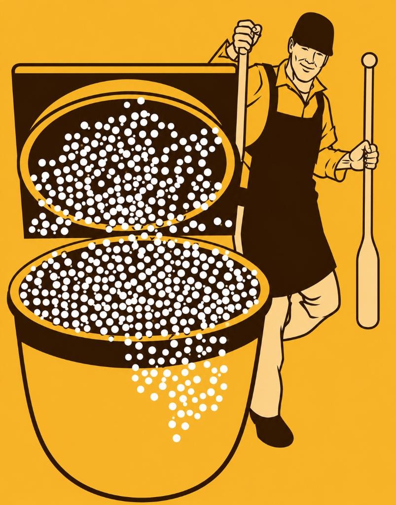Artisan pouring fresh kettle corn from a large fire-burning kettle